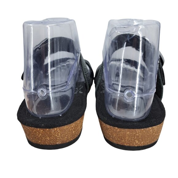 Aetrex Daisy Leather Black Silver Metallic Wedge Sandals Size 36 US 6 Adjustable - Picture 5 of 13